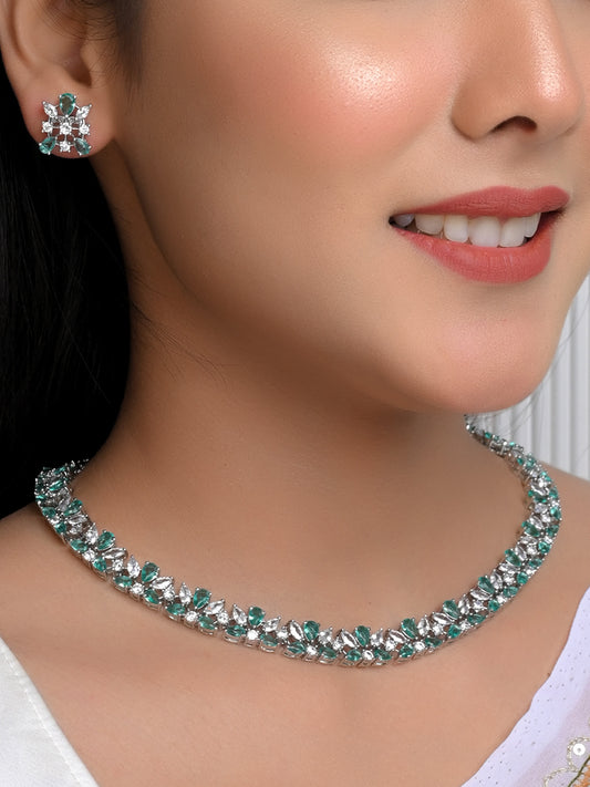 Hayaat Aqua Stone And Diamond Silver Plated Necklace Set