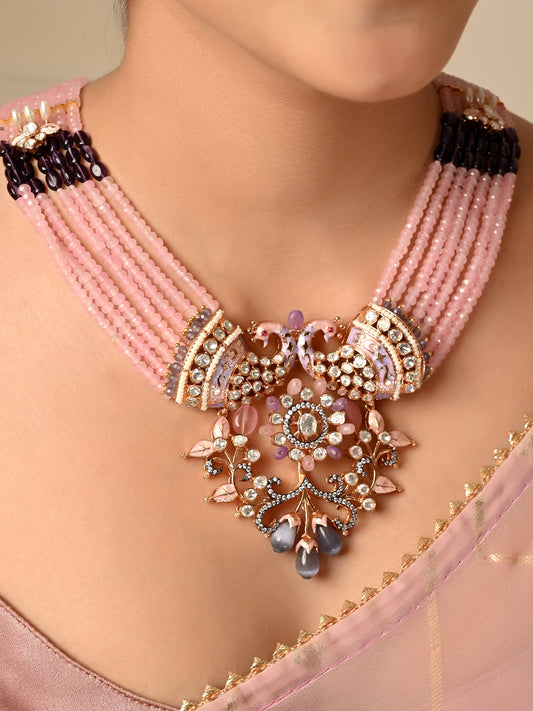 Madhurima Pink Peacock Kundan Necklace Set