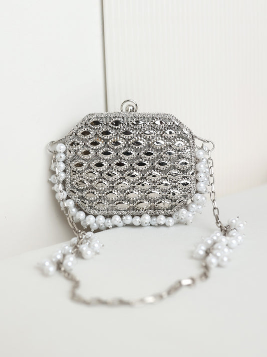 Pavani Octagon Silver Mini Metal Clutch