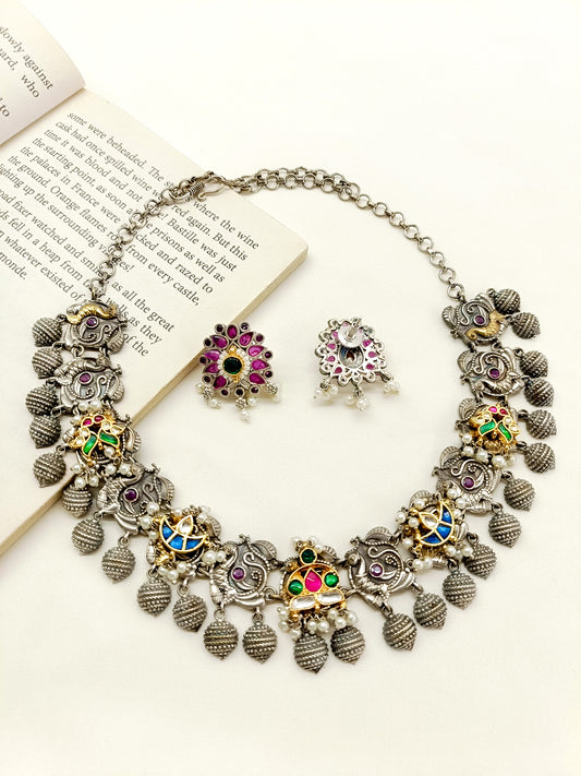 Blanche Multi Colour Peacock Oxidized Necklace Set