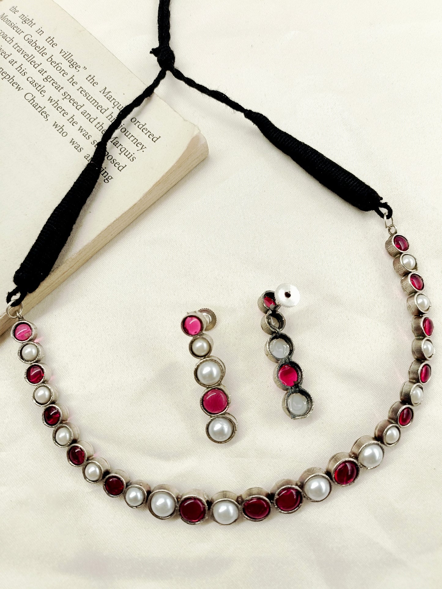 Adiratna Rose Pink Oxidized Necklace Set