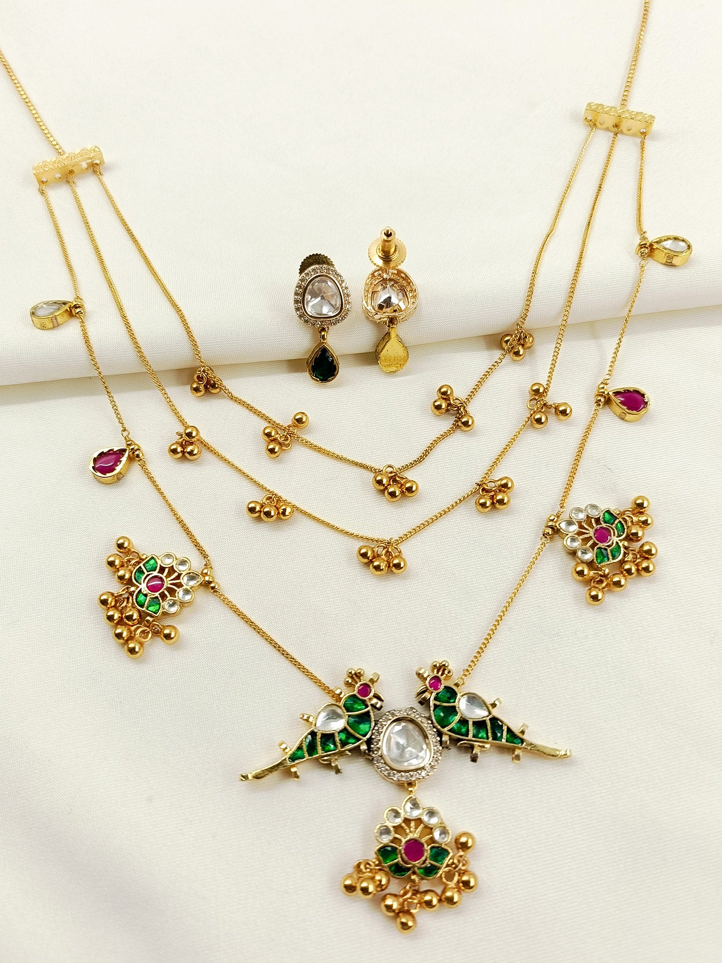 Anchal Mayura Green Parrot 3 Layer Kundan Long Necklace Set