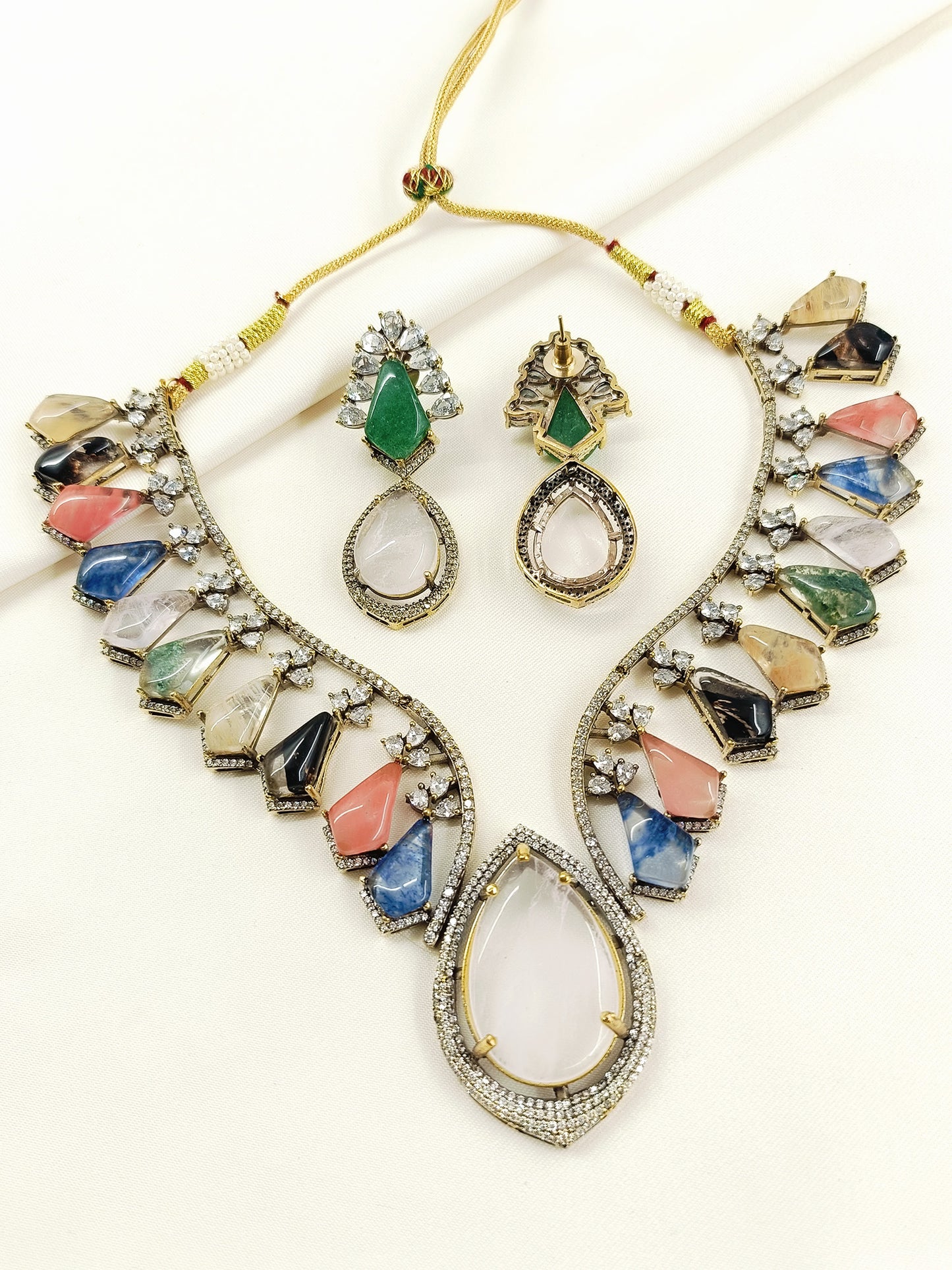 Aatreya Multicolor Victorian Raw Stone Necklace Set
