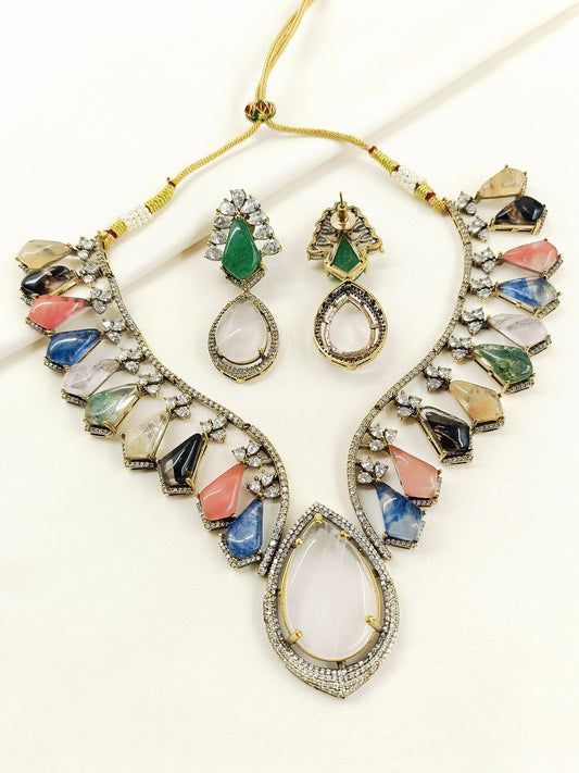 Aatreya Multicolor Victorian Raw Stone Necklace Set