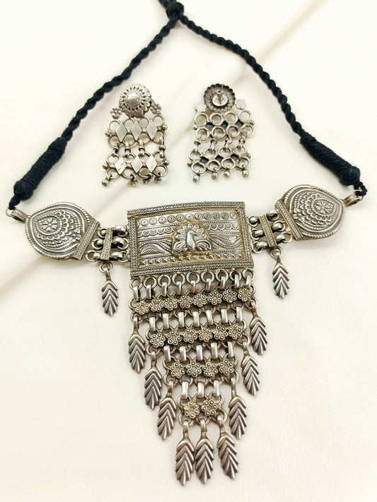 Beverly Plain Oxidized Peacock Choker Set