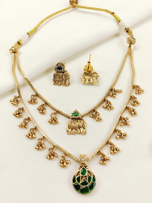 Vaanya Green Antique Doubled Layer Necklace Set