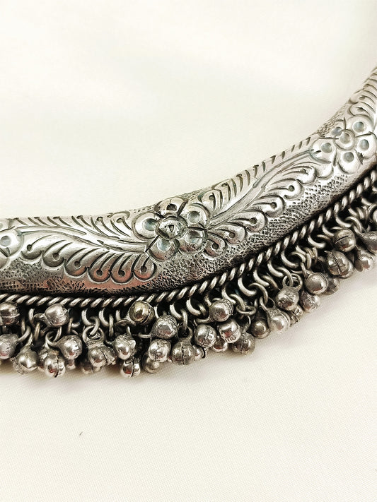 Arvian Oxidized Silver Banjara Ghungroo Hasli Styled Men's Neckpiece