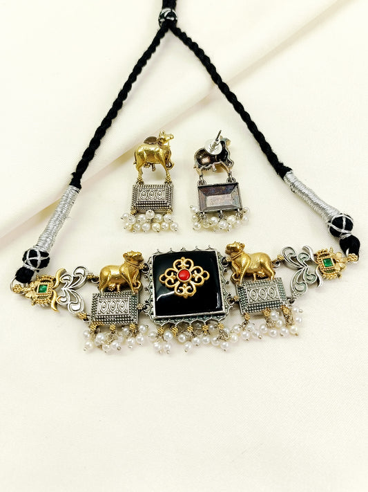 Jharna Black Oxidized Pichwai Nandi Choker Set