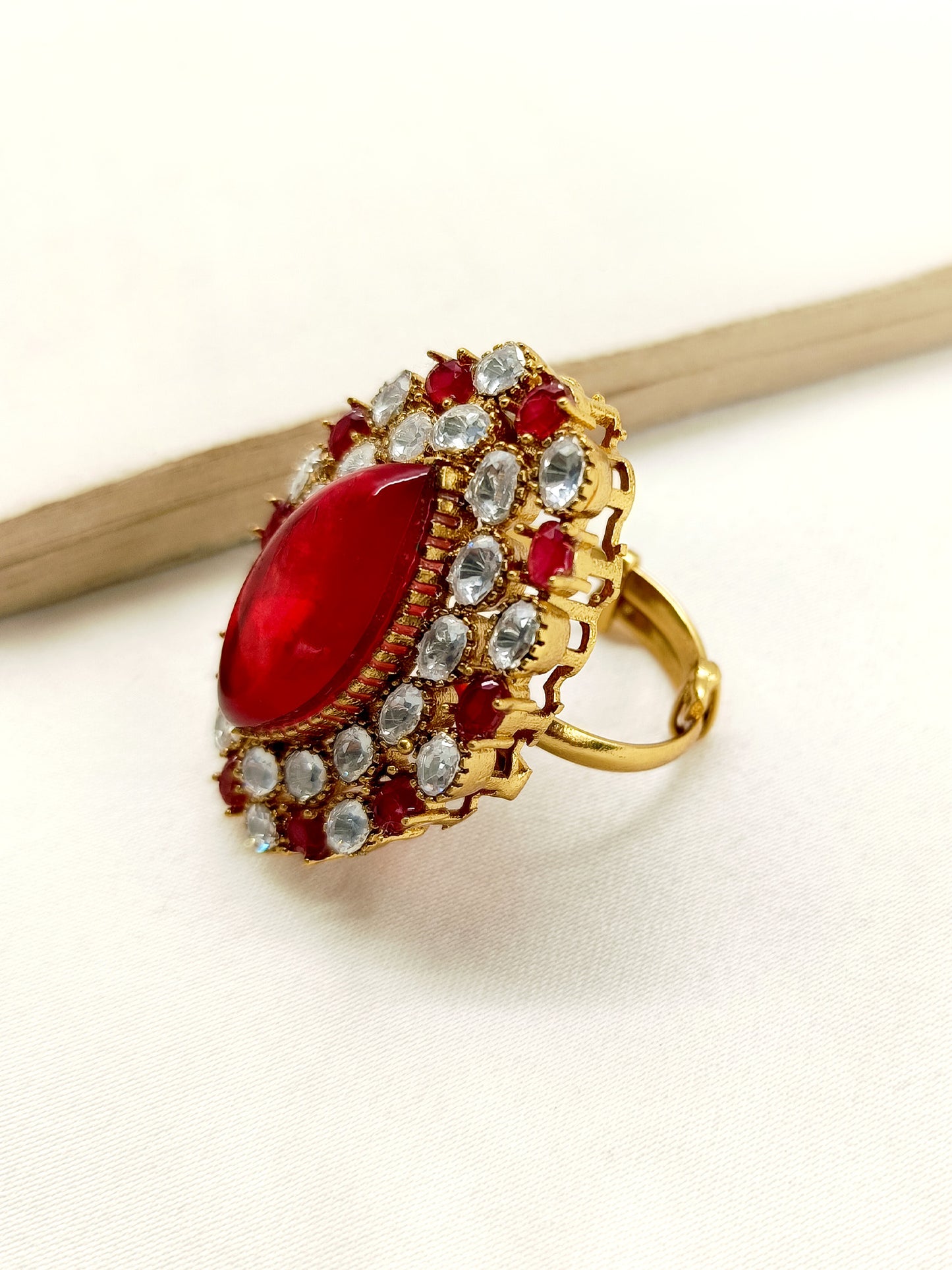 Geolina Maroon Kundan Finger Ring