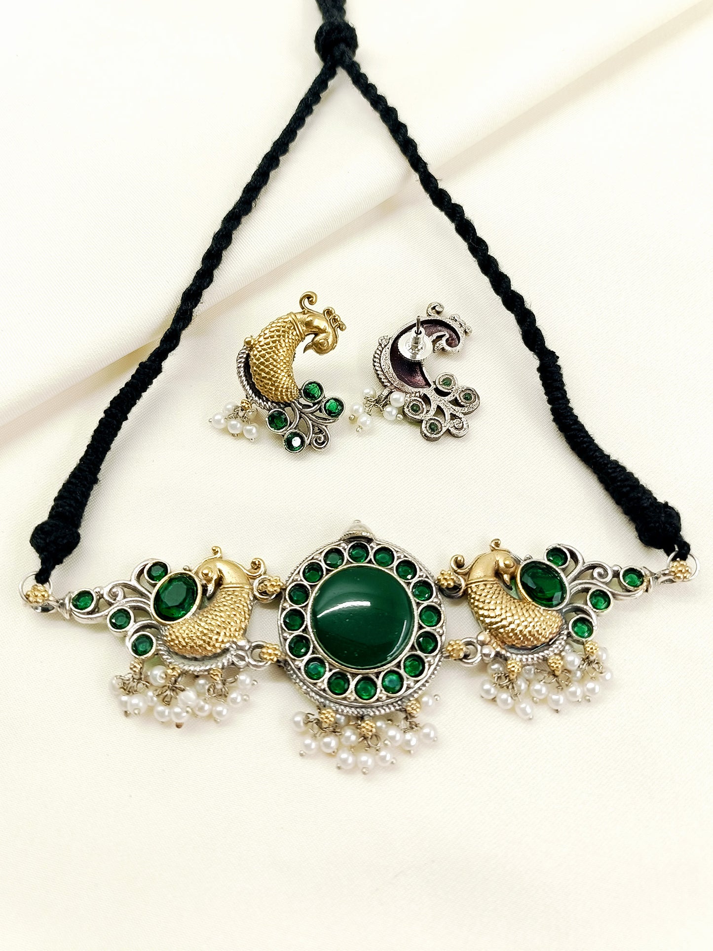 Jiya Green Oxidized Dual-Tone Peacock Choker Set