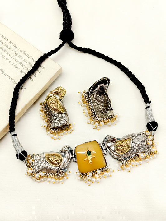 Kamini Yellow Peacock Oxidized Choker Set