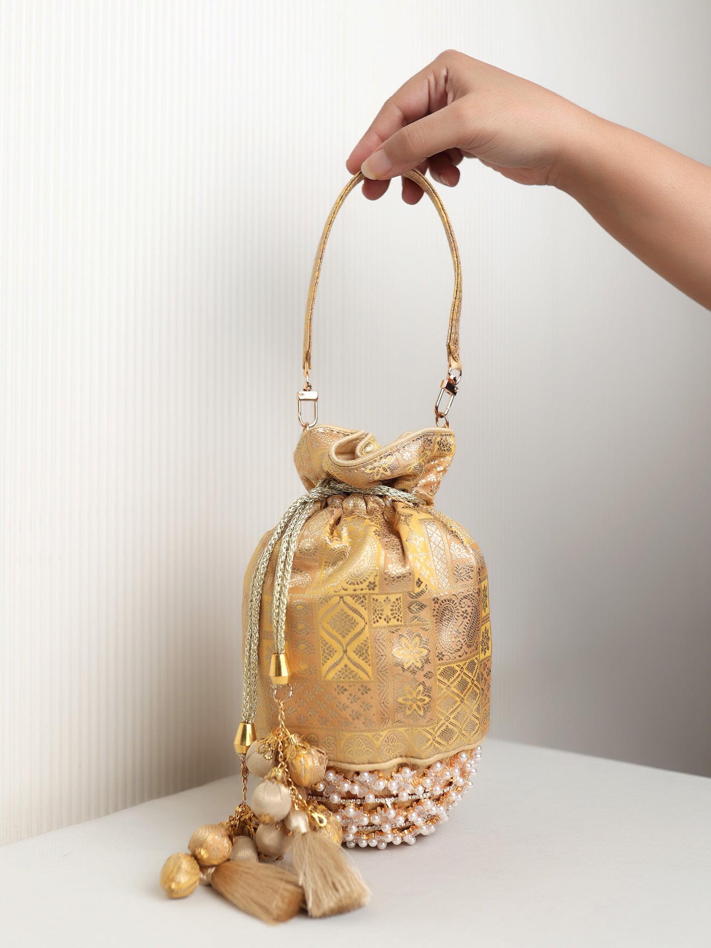 Pranile Mustard Yellow Banarasi Brocade Potli Bag with Pearl Base