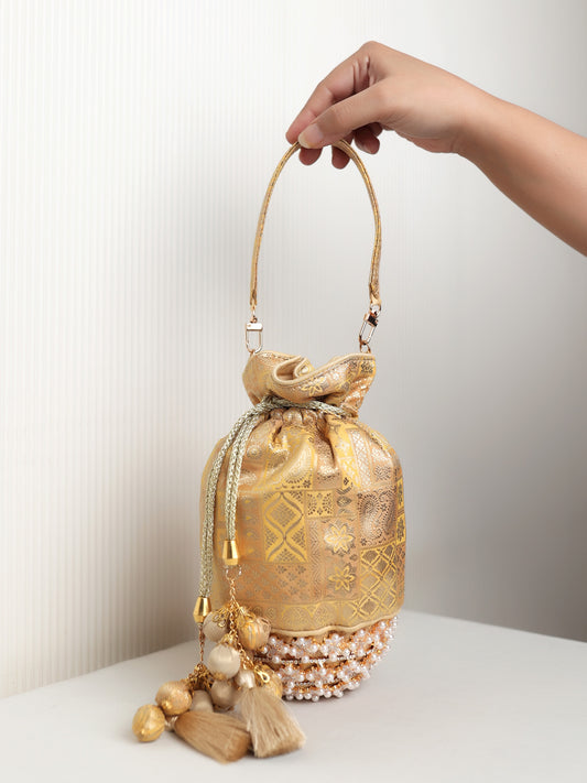 Pranile Mustard Yellow Banarasi Brocade Potli Bag with Pearl Base