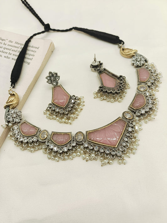 Amelia Baby Pink Oxidized Necklace Set