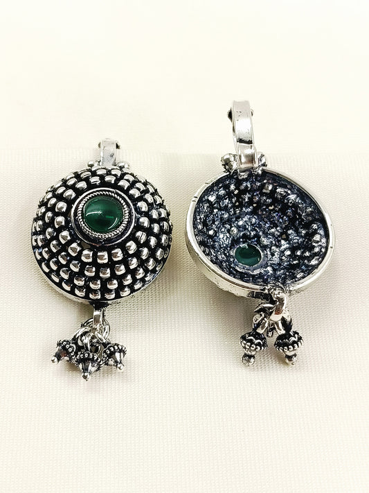 Imaya Oxidized Tribal Sunburst Ear Cuff with Green Stone & Ghungroo