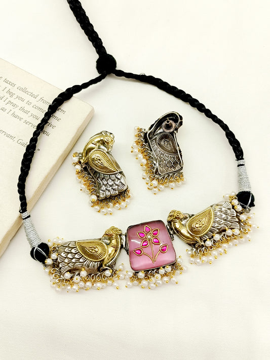 Sapthala Pink Peacock Oxidized Choker Set