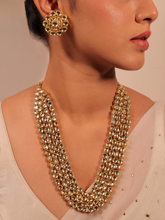 Aamira Golden Coloured Pachi Kundan Long Necklace Set