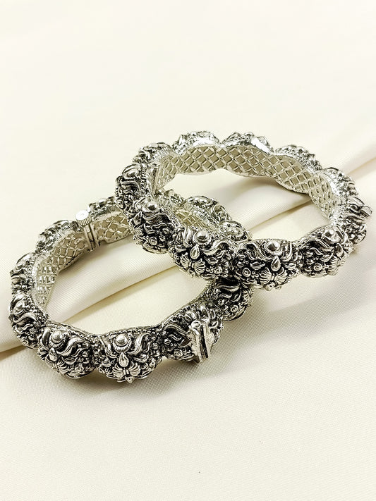 Alaya Silver Oxidized Floral Jaali Bangles