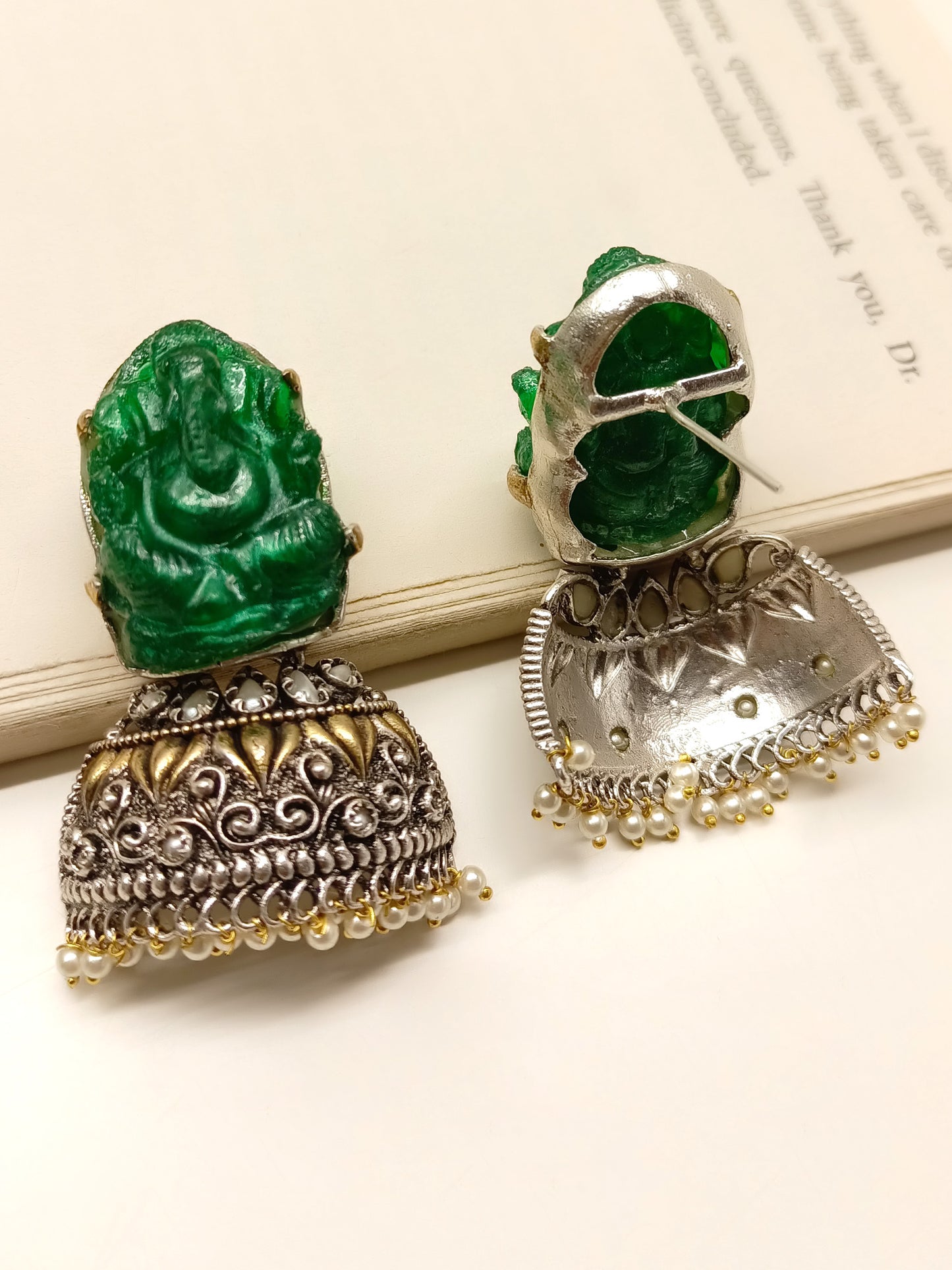 Mrinal Green Ganesh Ji Oxidized Earrings