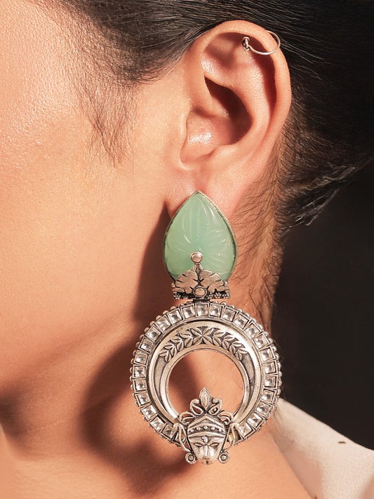 Mayura Mint Green Stone Temple Silver Plated Boutique Earrings