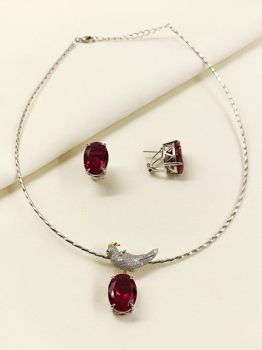 Khursheed Ruby American Diamond Pendant Set With Hasli