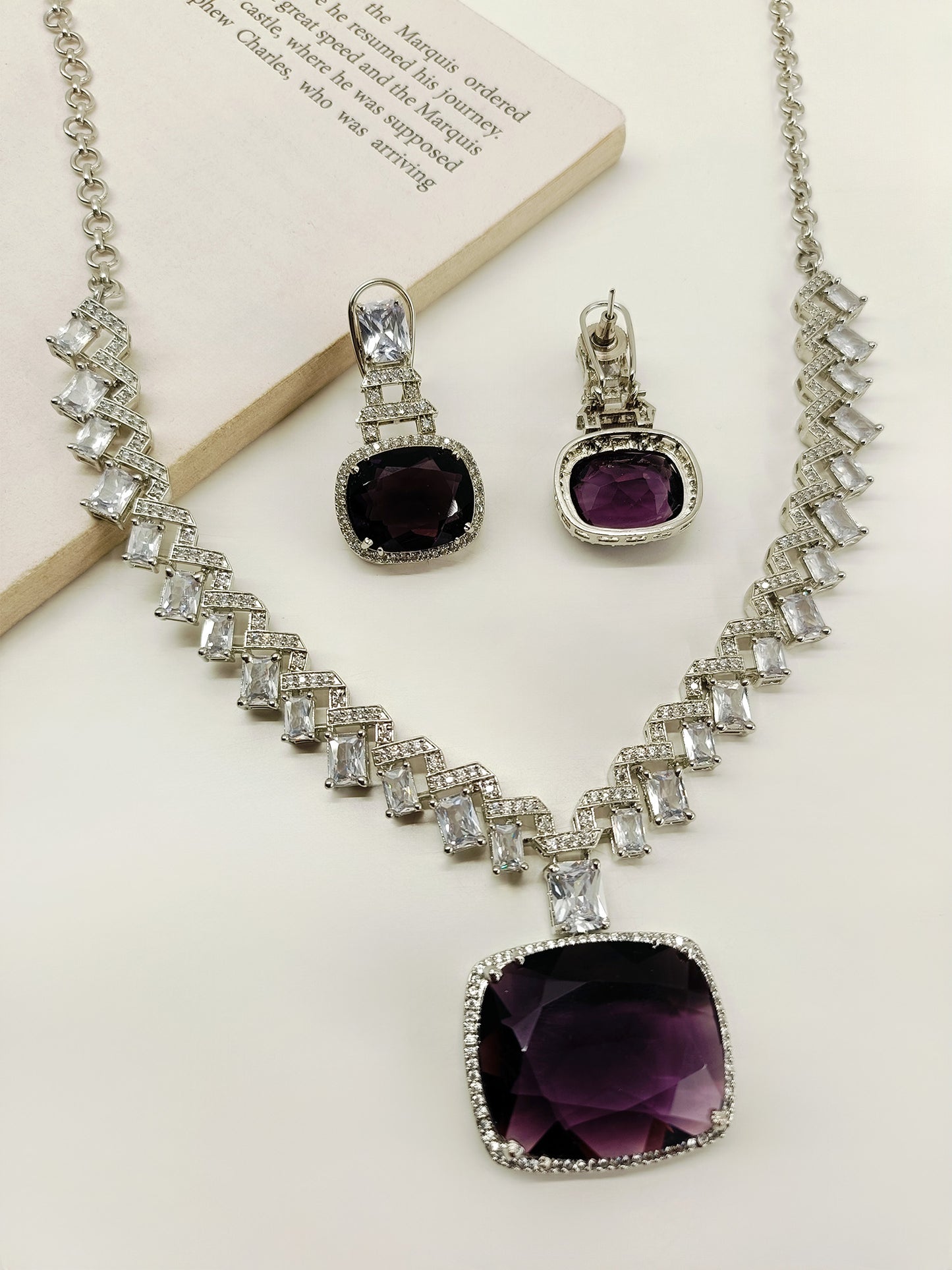 Tanu Purple American Diamond Necklace Set