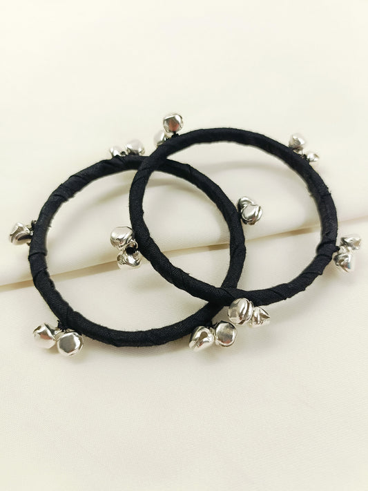 Zinal Black Cloth Bangles with Ghungroo | Handmade Fabric Churi Set of 8