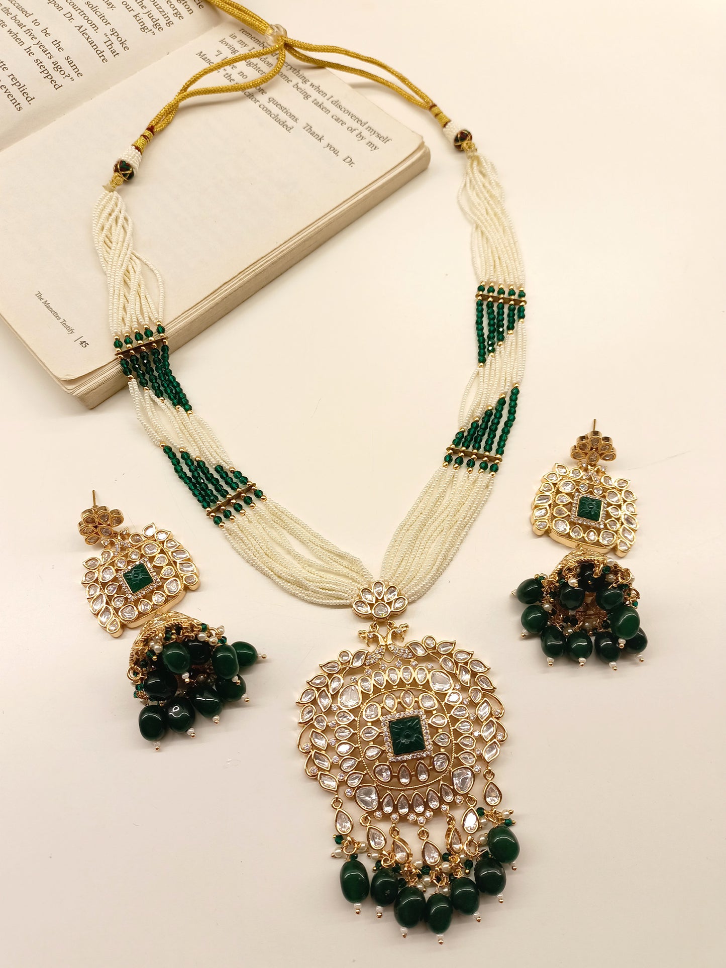Zandra Green Long Kundan Necklace Set