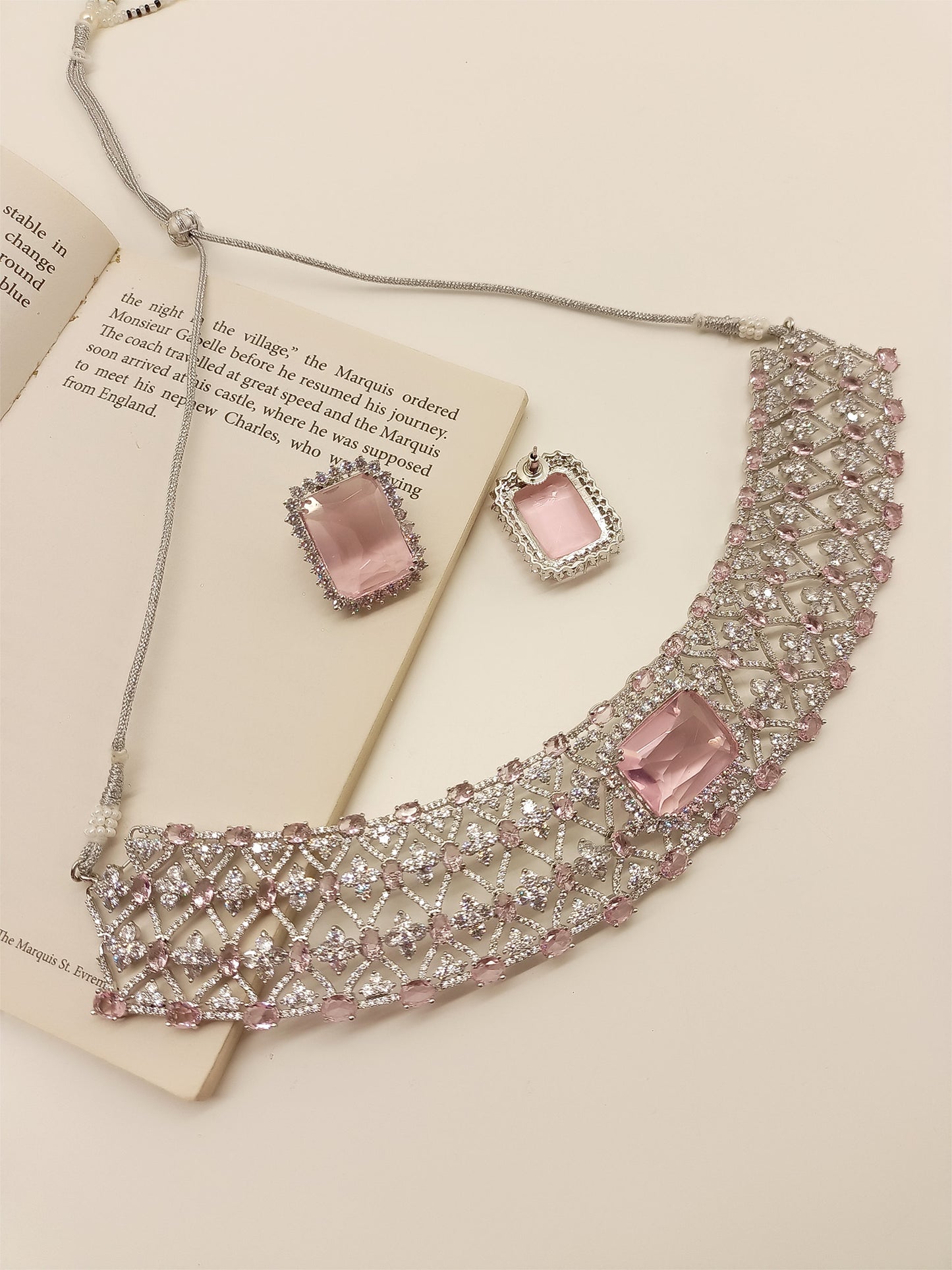 Ida Pink American Diamond Necklace Set