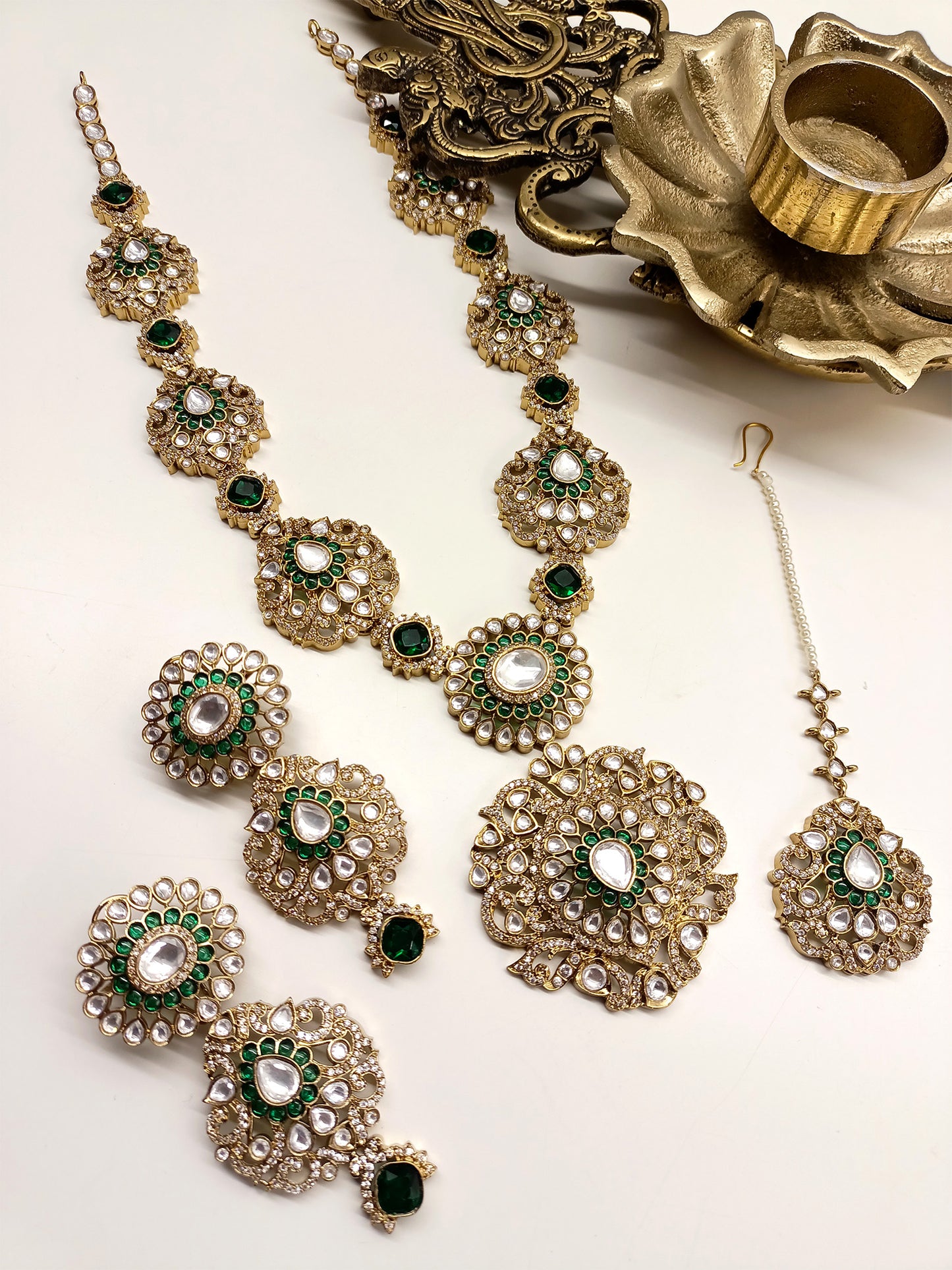 Roma Green Kundan Polki long Necklace Set