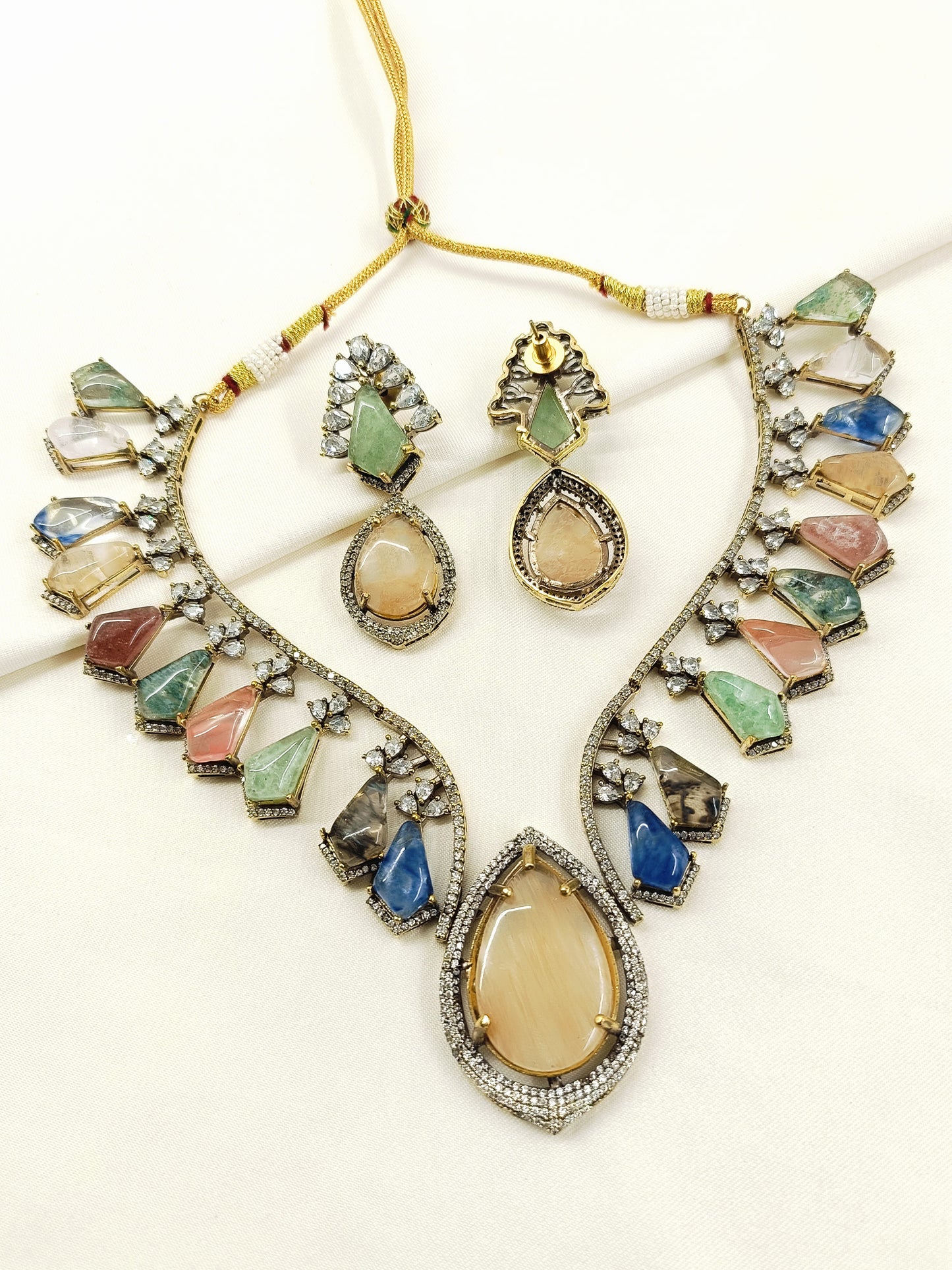Reva Peach Pastel Victorian Raw Stone Necklace Set