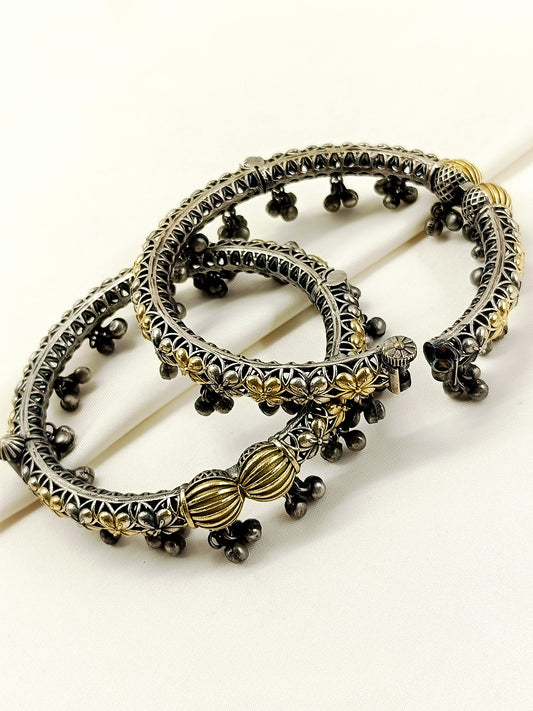 Charulata Dual-Tone Oxidized Floral Ghungroo Anklets