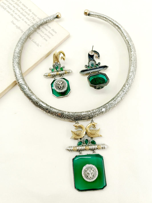 Sakina Green Oxidized Hasli Style Necklace Set