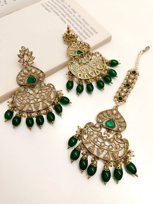 Umrao Green Polki Earrings With Teeka