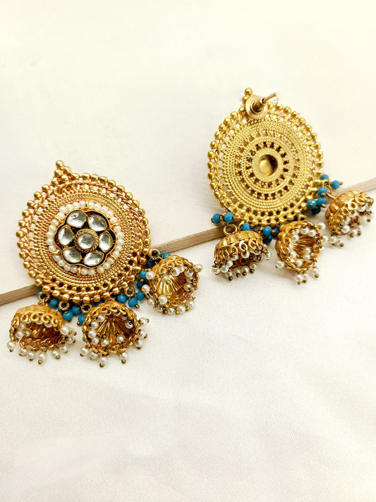 Kajal Sky Blue Stone Gold Plated Antique Jhumki