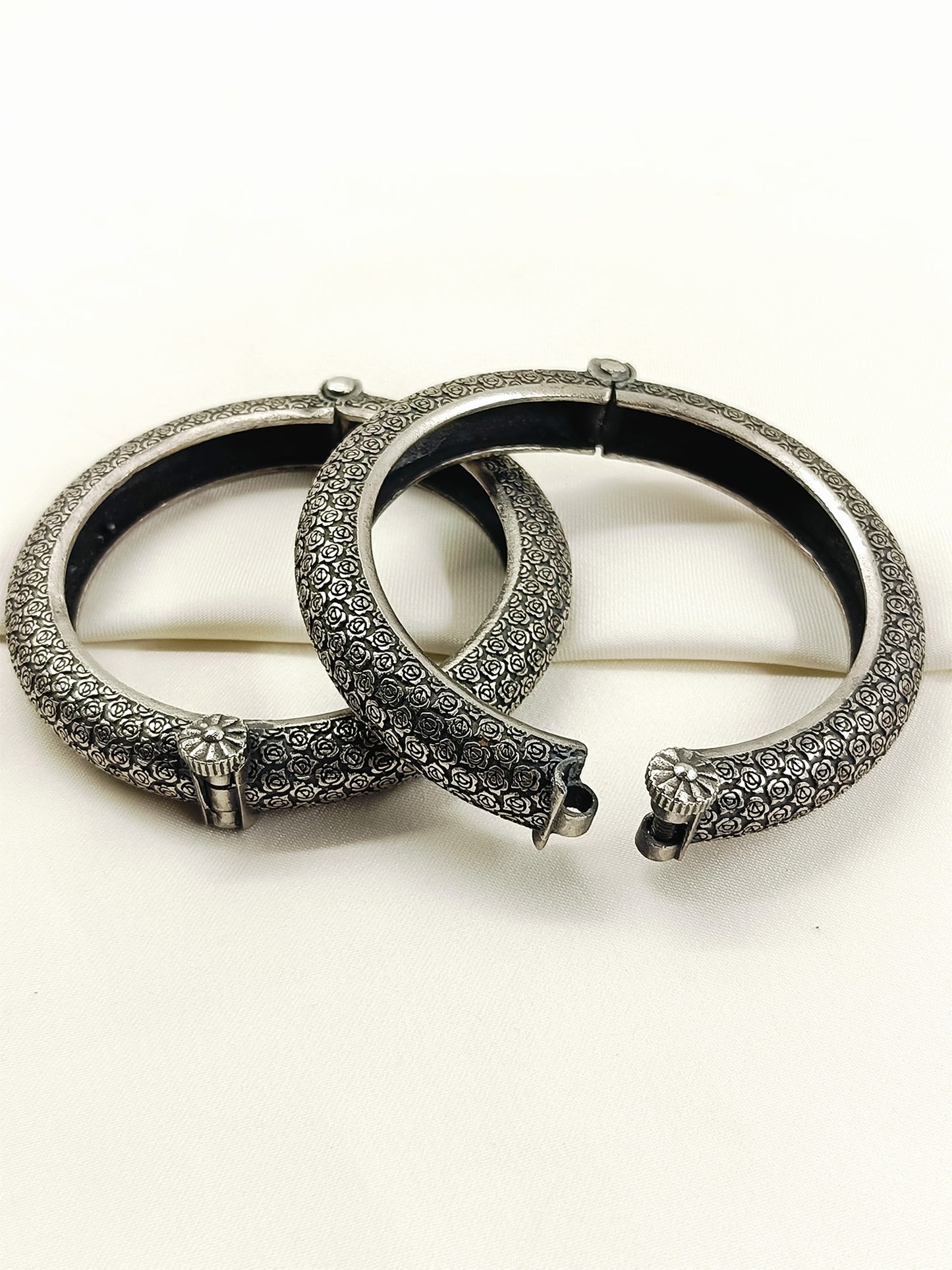Abhigya Silver Rose Carved Oxidized Bangles