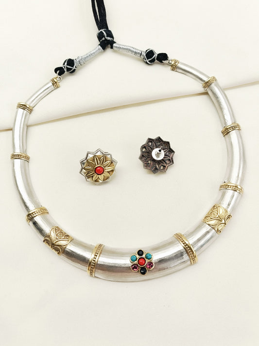 Varya Multi Colour Oxidized Hasli Styled Choker Set