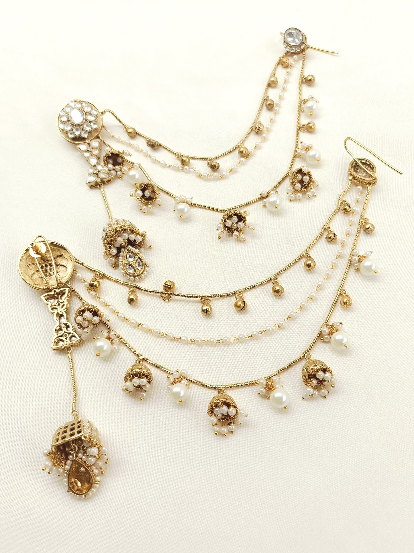Triguni White Kundan Jhumki With Ear Chain