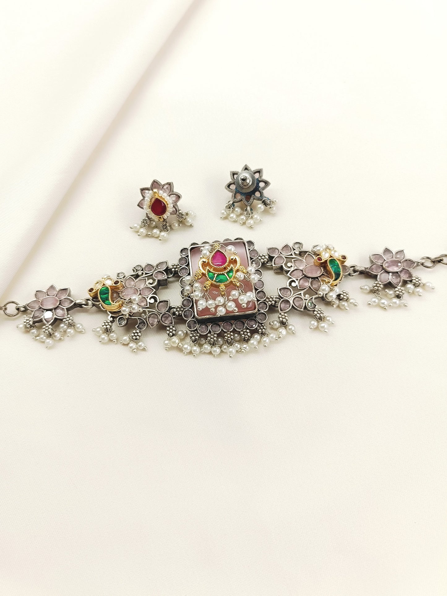 Celia Baby Pink Oxidized Choker Set