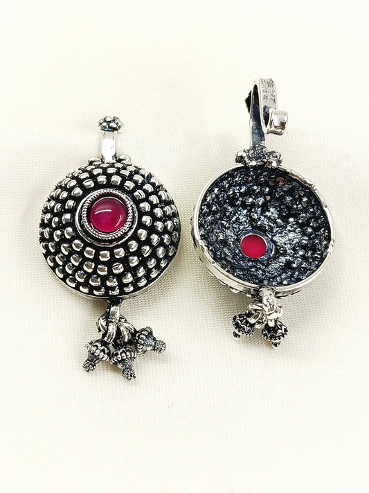 Anchal Oxidized Tribal Sunburst Ear Cuff with Ruby Pink Stone & Ghungroo