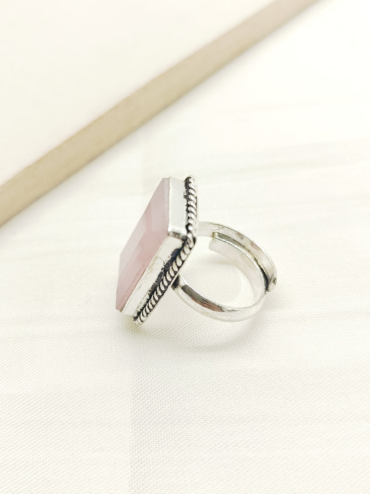 Meena Baby Pink Rectangular Oxidized Finger Ring