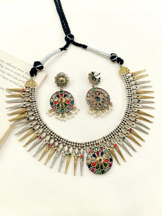 Indulekha Multi Colour German Silver Oxidized Necklace Set