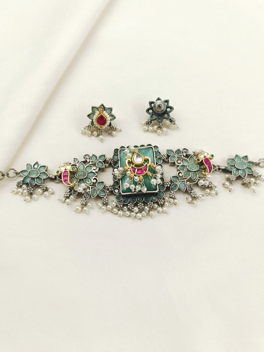 Vanshika Mint Green Oxidized Choker Set