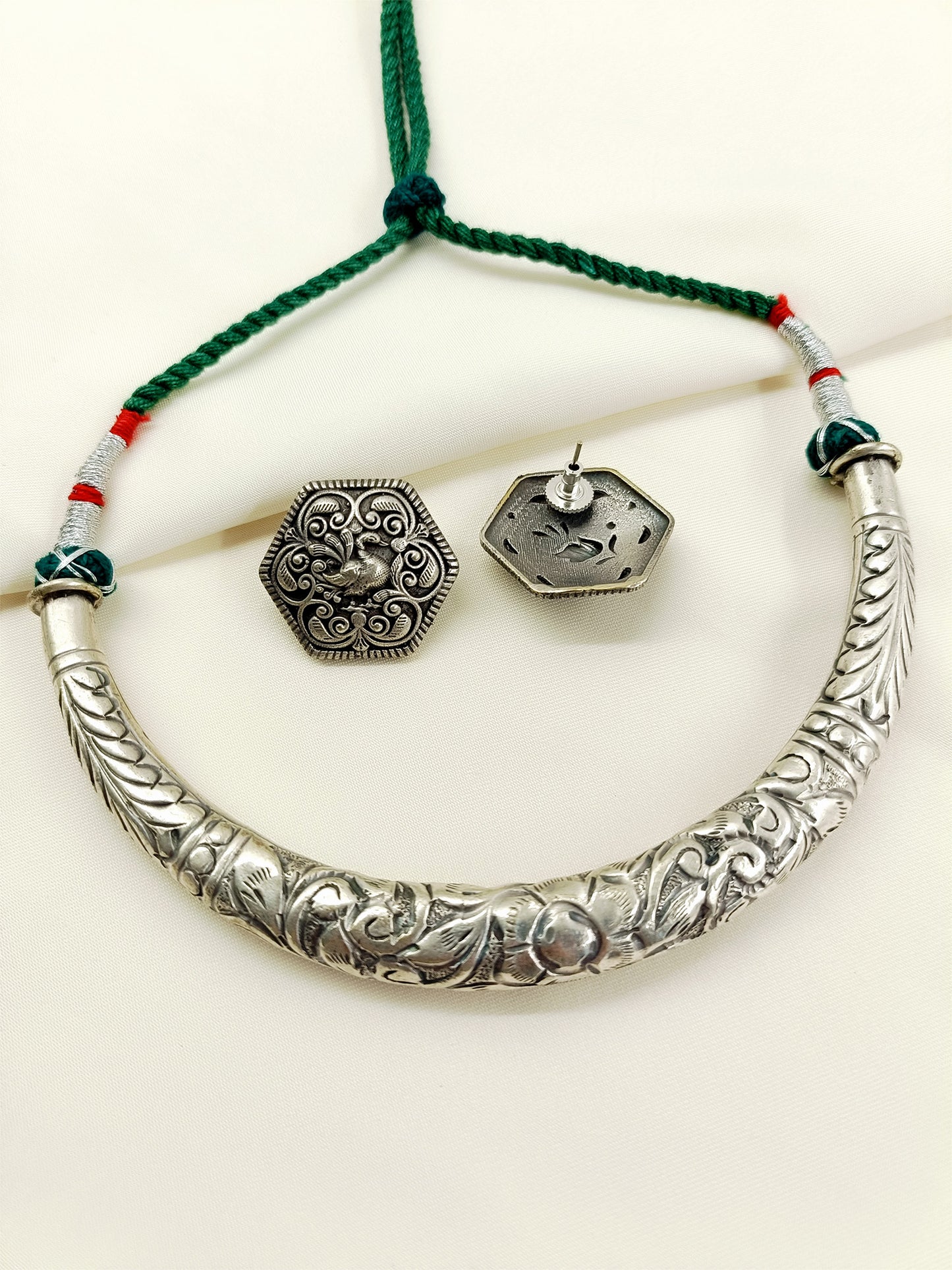 Kavya Green Tribal Oxidized Hasli Choker Set