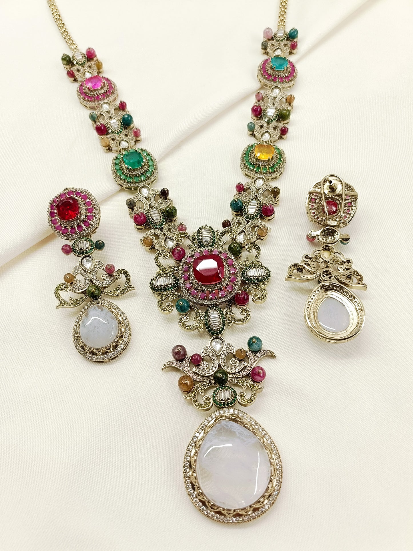 Diti Rajrani Navratan Victorian Long Necklace Set with Earrings