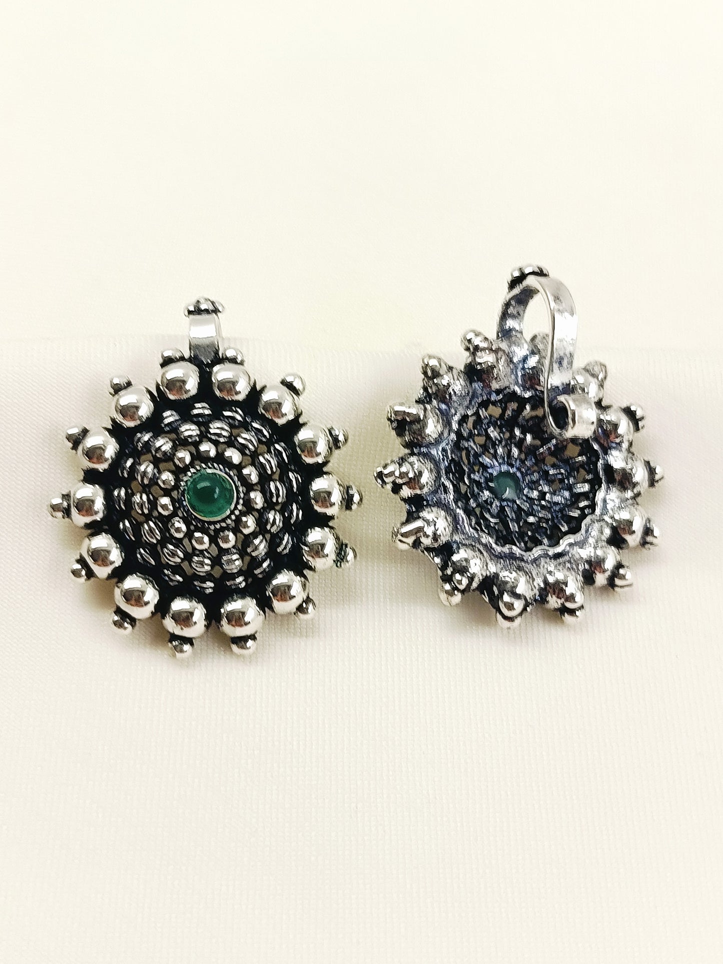 Tessa Oxidized Silver Sunburst Ear Cuff with Green Stone