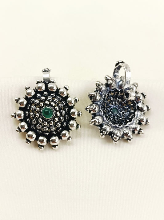 Tessa Oxidized Silver Sunburst Ear Cuff with Green Stone