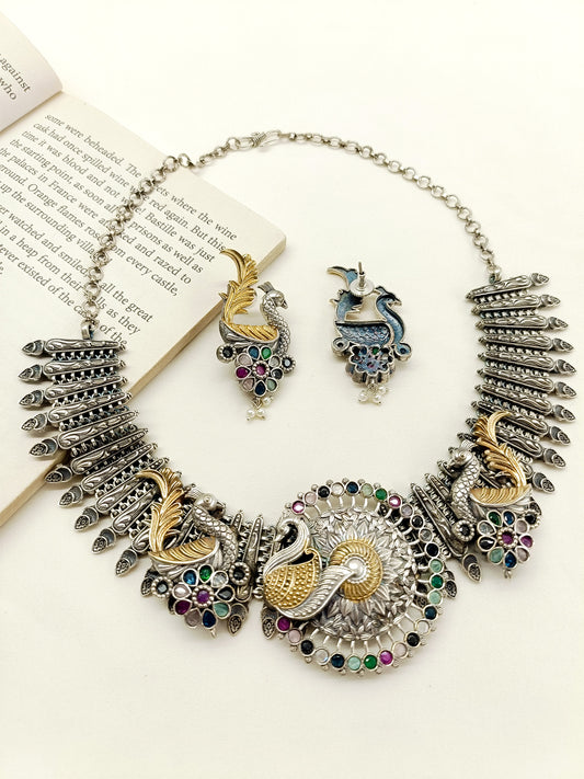 Disuza Multi Colour Peacock Oxidized Necklace Set