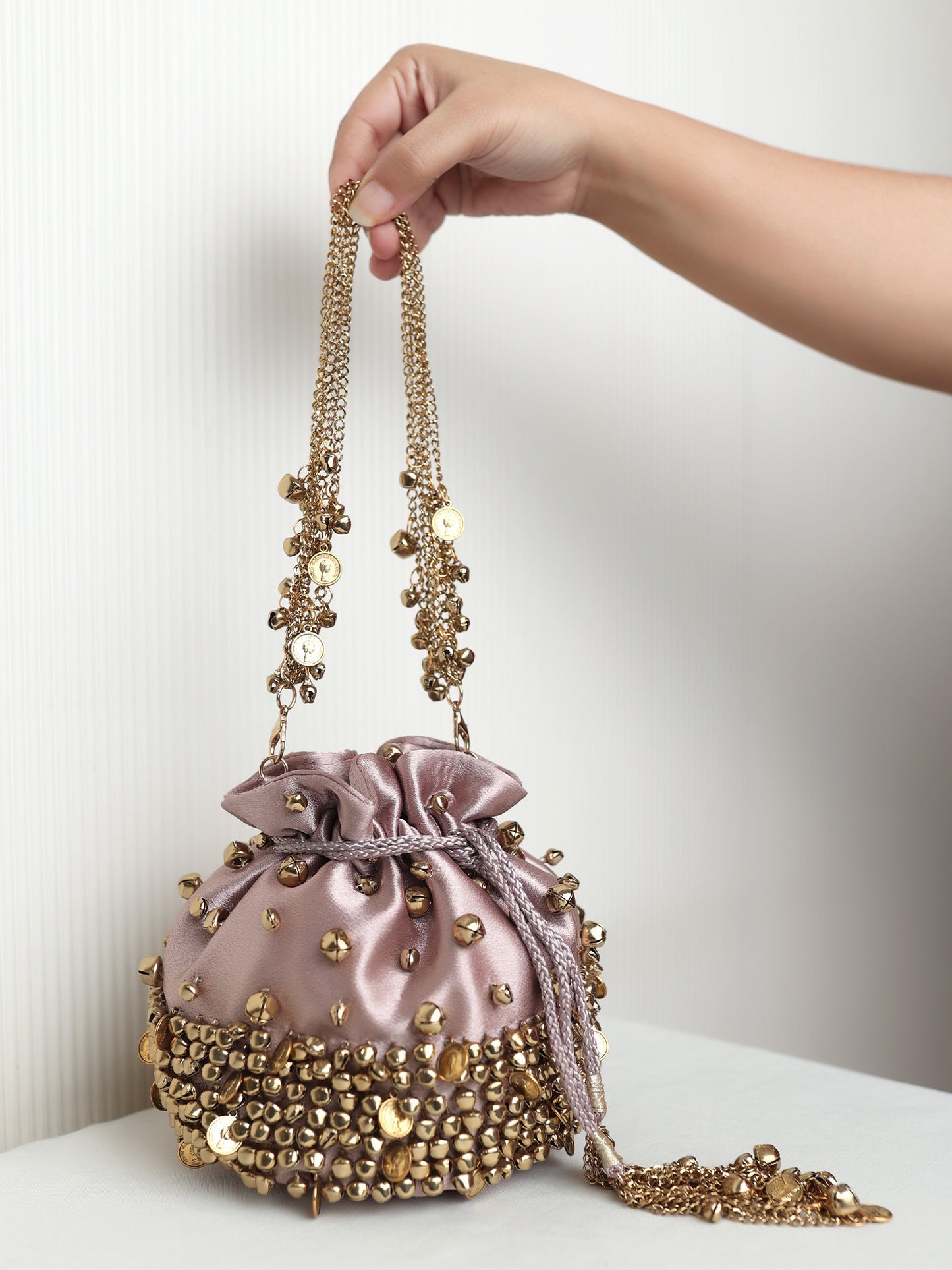 Zulekha Dusty Mauve Pastel Heavy Ghungroo Coin Potli Bag