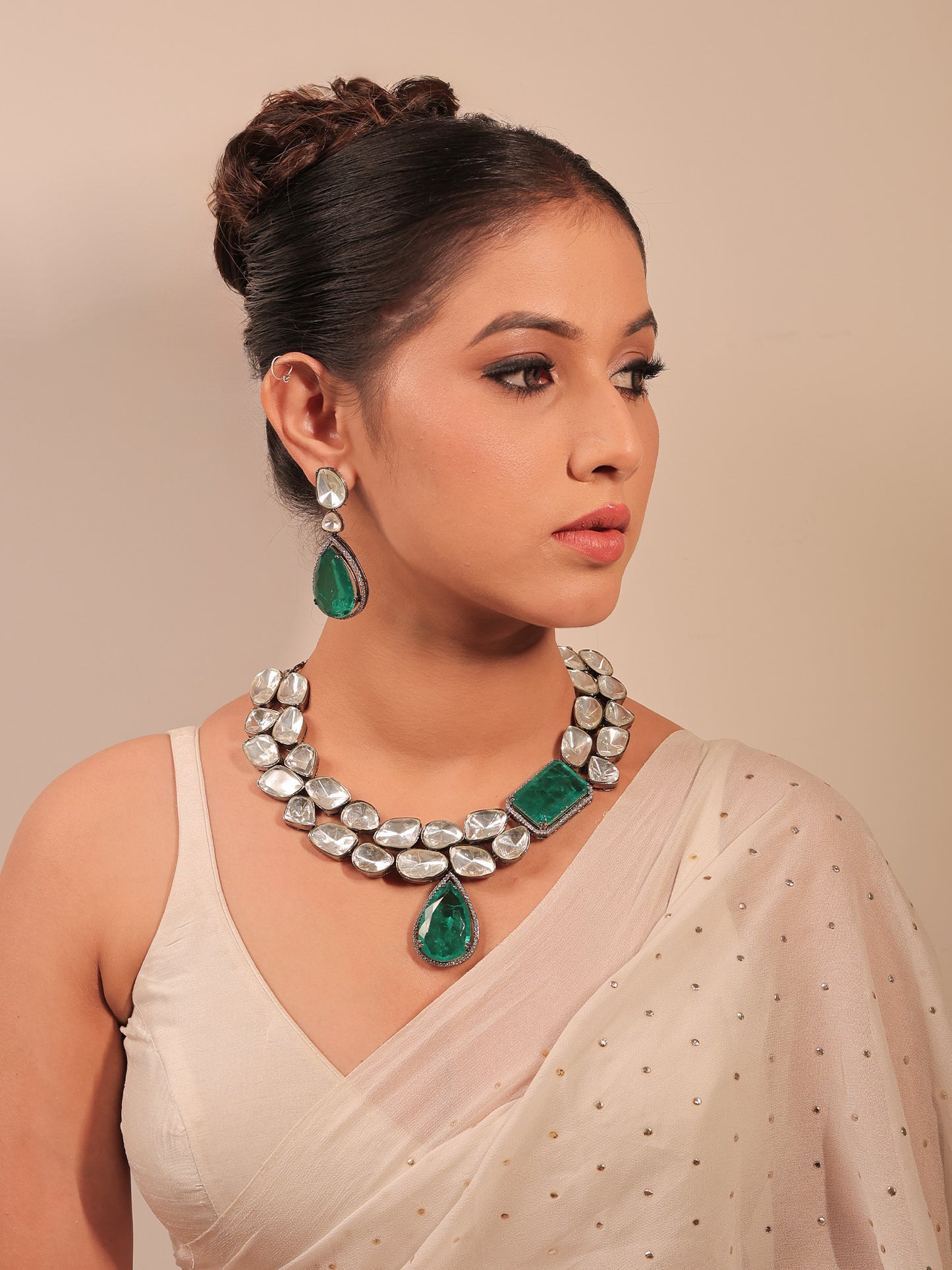 Aziya Double Layered Uncut Diamond Polki Long Set